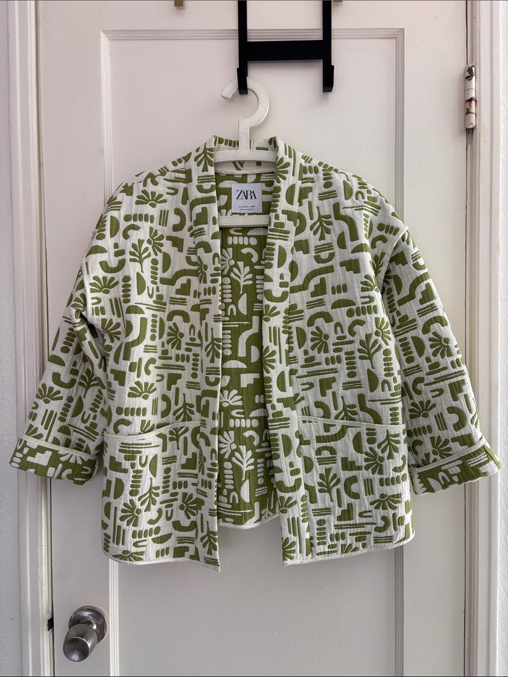 Zara kids White Jacket with Olive Green Geometric Botanical Print